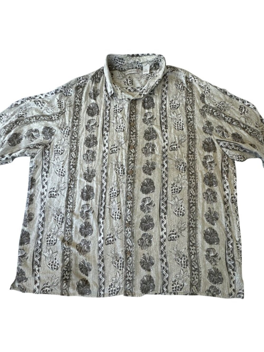 Caribbean Joe Mens 2XT Rayon Hawaiian Shirt Beige-Brown Pineapple Floral Print